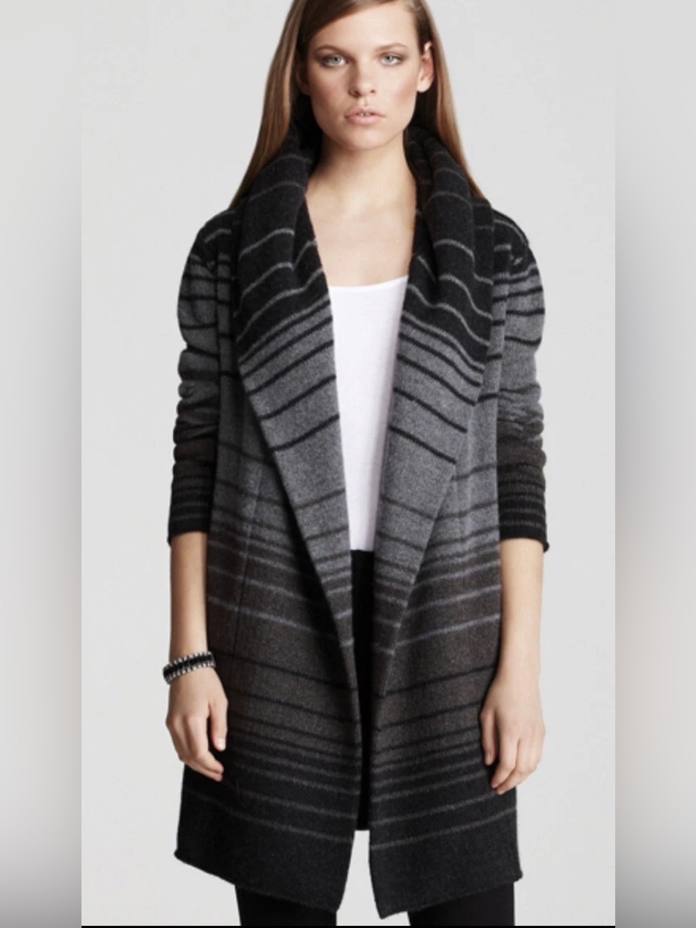 $385 Vince So Grey Black Striped Blanket Cardigan Sweater Coat